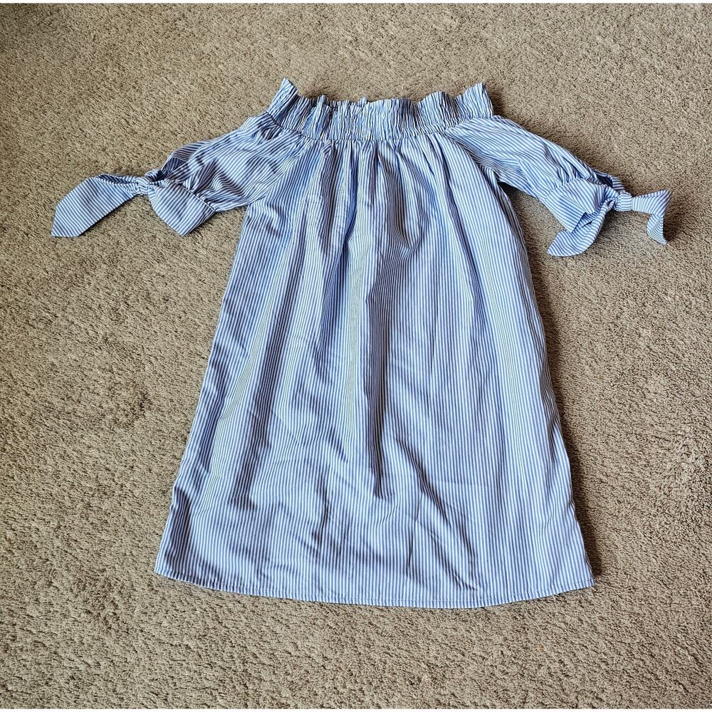 Agaci Women's Blouse Blue Pinstripe - Size Medium Tie Sleeve Off The Shoulder